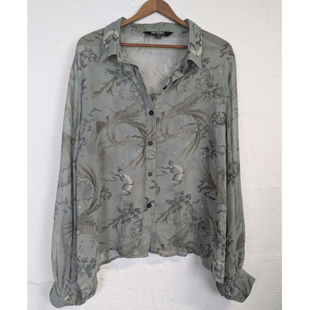 Disturbia Sapphira Dragon Print Button Up Shirt Sheer Green Chiffon Size 16 READ